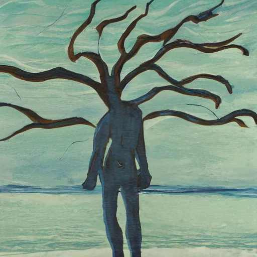 Prompt: The sea, the man, the tree high detail