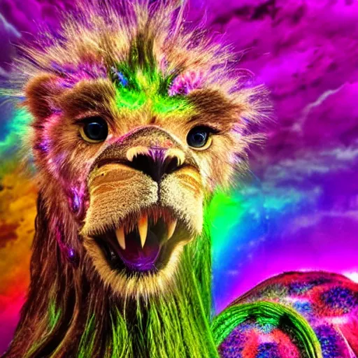 Prompt: a purple speckled lion - ostrich creature, engulfed in twisting glowing iridescent alien flora, with strange rainbow alien flowers, dramatic, award - winning photography, realism