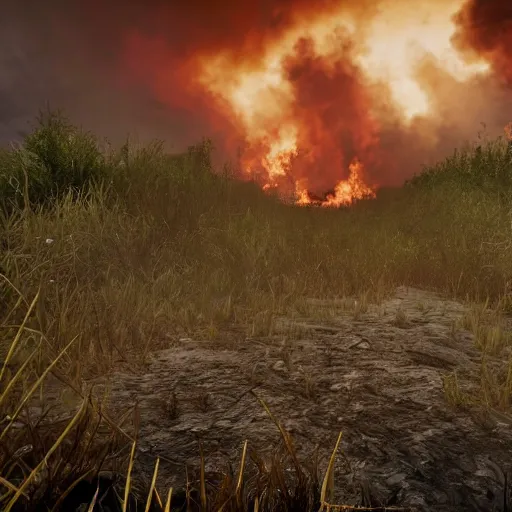 Prompt: unreal engine fallout far cry style weed plantation burning natural disasters post apocalyptic adrenaline anger oil black tar landscape wasteland miami desert fire craters miami beach sunset fucked up landscape dead 80s
