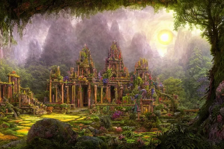 Prompt: a beautiful and highly detailed matte painting of a lost temple in a colorful garden mystical in a forest high in the mountains, psychedelic, celtic, intricate details, epic scale, insanely complex, 8 k, sharp focus, photorealism, artstation, cgsociety, by caspar friedrich, albert bierstadt, james gurney, brian froud,