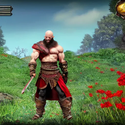 Prompt: kratos in flowers hill, screenshot