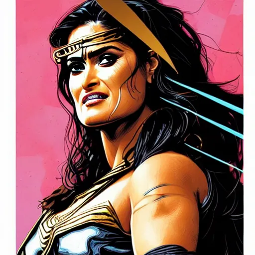 Prompt: illustration of Salma Hayek as a barbarian warrior intricate details by MARVEL comics and Sandra Chevrier , elegant, highly detailed , centered