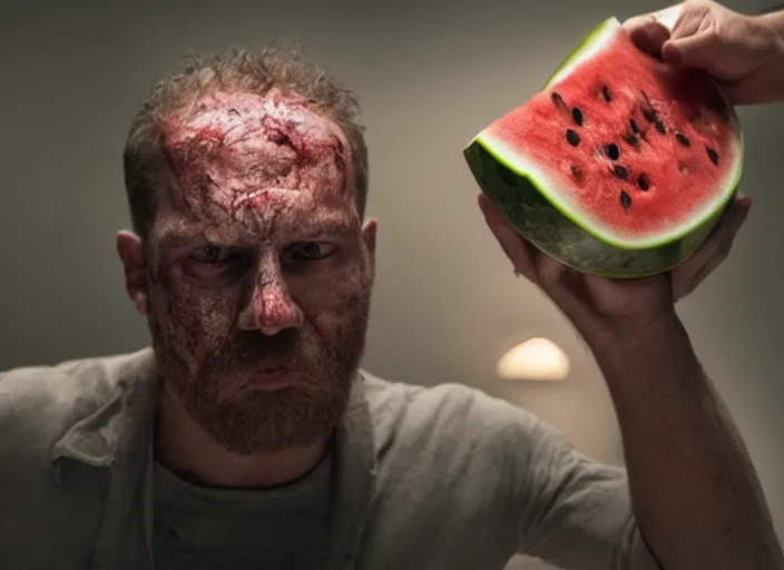 Image similar to film still of a man with a watermelon on his a head in the new horror movie, 4 k