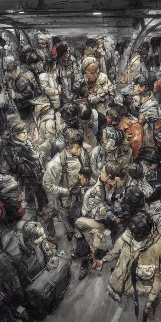 Image similar to oil painting scene from subway station by kim jung gi