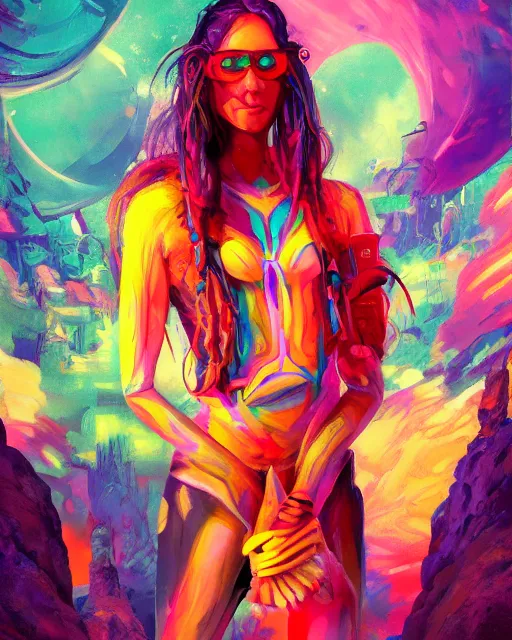 Prompt: colorful full body portrait of a hippie, set in the future 2 1 5 0 | highly detailed | very intricate | symmetrical | professional model | cinematic lighting | award - winning | painted by mandy jurgens and ross tran | pan futurism, dystopian, bold psychedelic colors, cyberpunk, groovy vibe, anime aesthestic | featured on artstation
