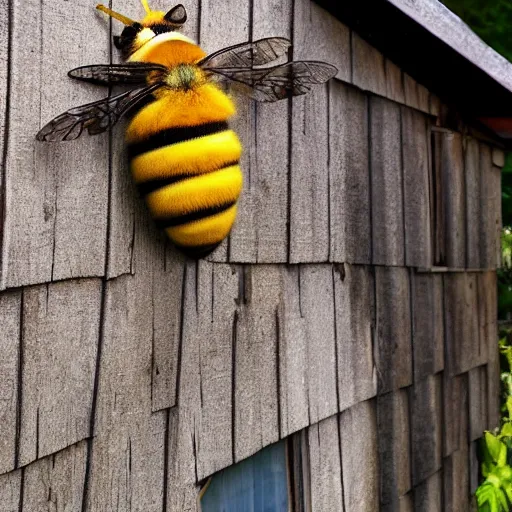 Image similar to a photo of a giant bee on an house, wide angle