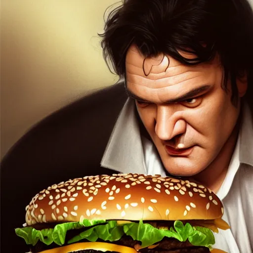 Prompt: portrait of Quentin Tarantino eating big mac hamburgers, extra onions and ketchup, hyperdetails, displacement mapped octane render, luscious patty with sesame seeds, ethereal, handsome, D&D, fantasy, intricate, elegant, highly detailed, digital painting, artstation, concept art, matte, sharp focus, illustration, art by Artgerm and Greg Rutkowski and Alphonse Mucha