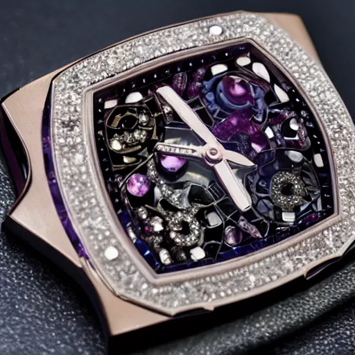Image similar to vvs diamond alexandrite sapphire watch, intricate design, rolex, cogs and gears, steampunk watch, bejeweled beautiful watch, richard mille, 8 k photography