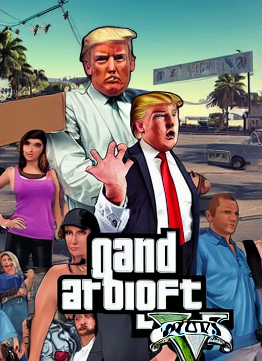 Image similar to gta 5 game poster showing donald trump with cardboard box outside mar - a - lago, wide shot,