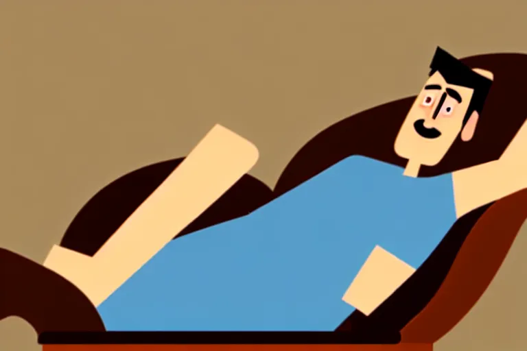 Image similar to an animated caucasian man relaxing on a brown reclined leather chair