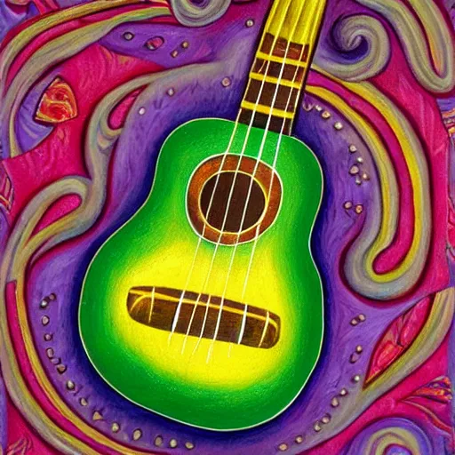 Image similar to avocado ukulele painted by mati klarwein