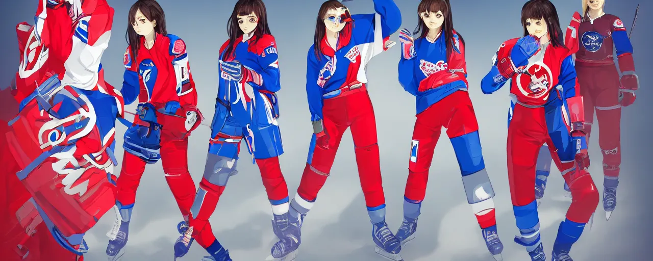 Image similar to females akira anime cyberpunk super star ice hockey players, wearing a light futuristic habs jersey, blue white and red color blocking, character concept exploration, outfit designs, trending on artstation, photorealistic, 8k