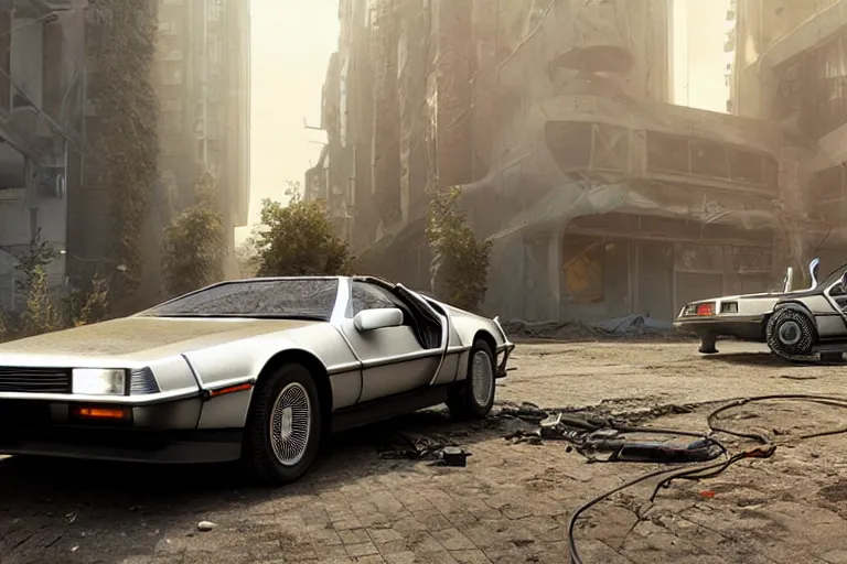 Prompt: highly detailed photorealistic rendering of a delorean parked on the streets of a cyberpunk abandoned city, driver side gullwing door is open, futuristic post - apocalyptic vibe, by greg rutkowski and stanley artgerm and alphonse mucha, octane, sharp focus, hyperrealistic, unreal engine 5, vray, masterpiece