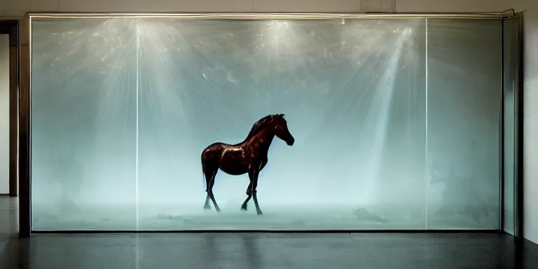 Prompt: Photorealistic Cinematography of a Damien Hirst horse suspended in murky embalming fluid behind a pane of glass inside a glass infinity box with a beautiful woman in the foreground, inside mid century modern hotel hallway at magic hour with the sun shining god rays shining into a large 60's hotel lobby room filled with volumetric haze by the shining Cinematographer john alcott on a cooke panchro 18mm lens and shot on eastman kodak 5254 color 35mm film, in color