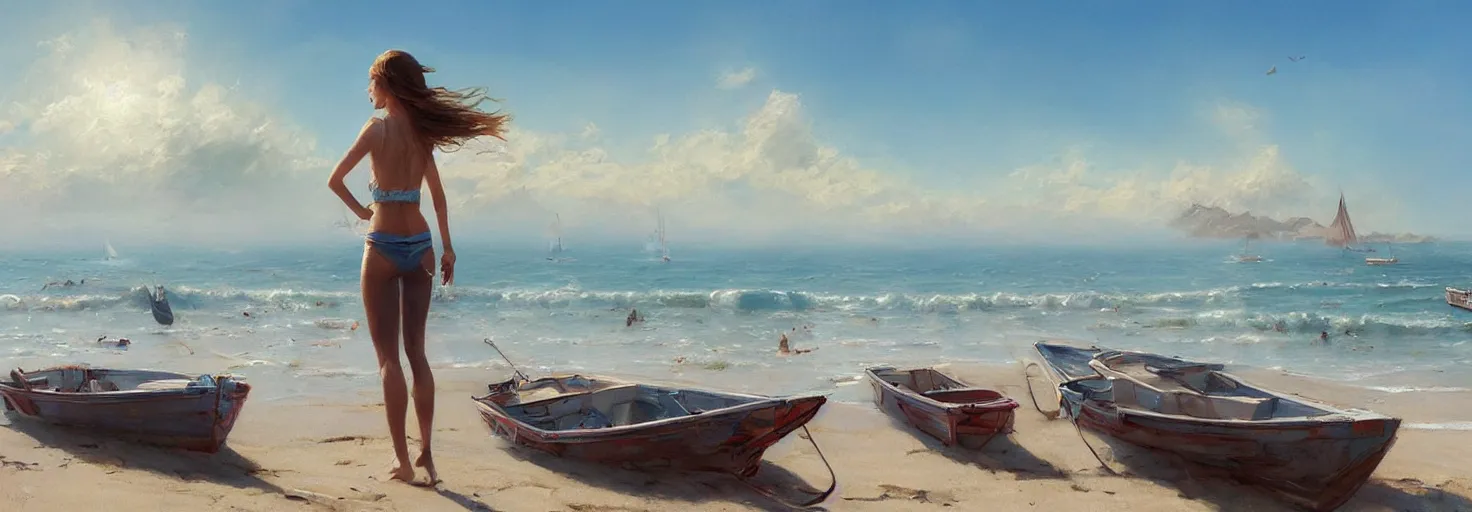 Image similar to beautiful sunny day on a california beach, boats on the horizon, soft warm lighting, highly detailed, digital painting, trending on artstation, sharp focus, illustration, art by artgerm and greg rutkowski and magali villeneuve