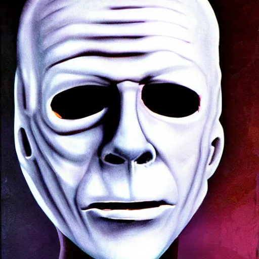 Image similar to Michael Myers in the style of a 70s science fiction novel cover