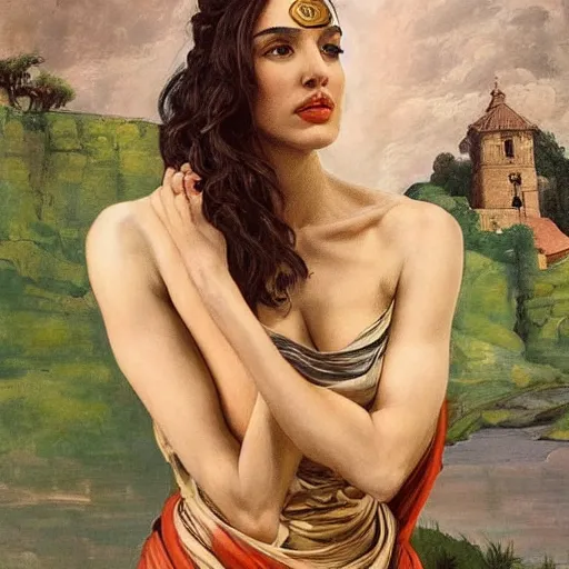 Image similar to Oil painting of the beautiful woman Gal Gadot, she is wearing some withe old cloths and a surreal ornate, her hair is natural disheveled, she has an ancient italian village as background, naturalism, dramatic lighting, high-detailed oil painting by Ilya Repin, Michelangelo da Caravaggio, William Blake, Alex Grey and Beksinski, trending on Artsatio, masterpiece, 4k, 8k,