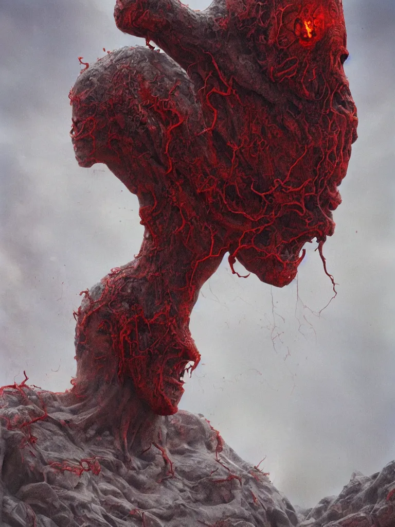 Image similar to wayne barlowe painting of a flying sorrowful looking severed human head with tears running down it's eyes, face that is chalk white in color, with long white tentacles stemming from it's neck, fiery scorching red eyes, background sprawling terrifying hellish cave with lava flowing through it's walls, 4 k