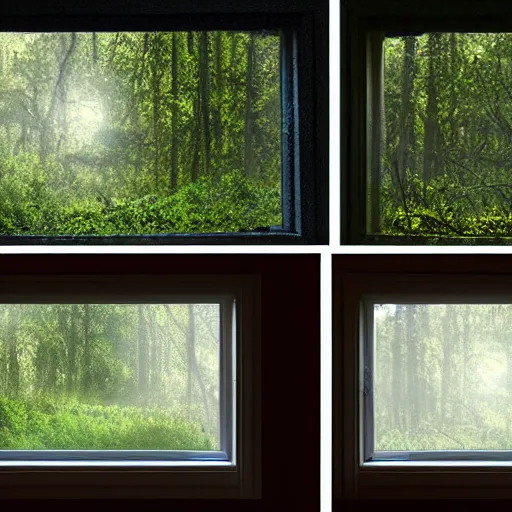 Prompt: View out of 4 picture windows into a dark forest, lit by flood lights at night