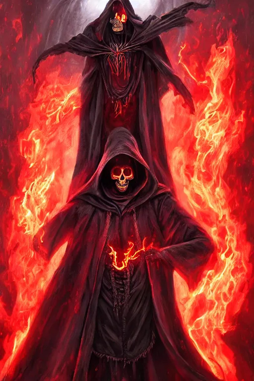 Prompt: A full body portrait of a mysterious character with a flaming skull with a very long hooded blood red and black cloak, tentacles coming out the ground art by James Paick, and Shaddy Safadi, ominous, cosmic horror, trending on artstation, Ultra detailed, hyper realistic 4k