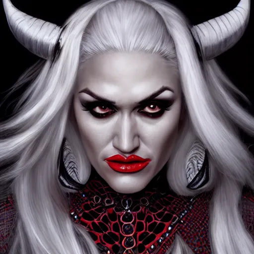 Prompt: Gwen Stefani as the demon Asmodeus digital illustration portrait design by, Mark Brooks and Brad Kunkle detailed, gorgeous lighting, wide angle action dynamic portrait