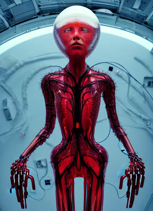 Image similar to background space station, dark red inflateble dress iris van herpen positing on floor, helmet instead of a head, perfect symmetrical, full body shot, inflateble shapes, wires, tubes, veins, jellyfish, white biomechanical details, wearing epic bionic implants, masterpiece, intricate, biopunk, vogue, highly detailed, artstation, concept art