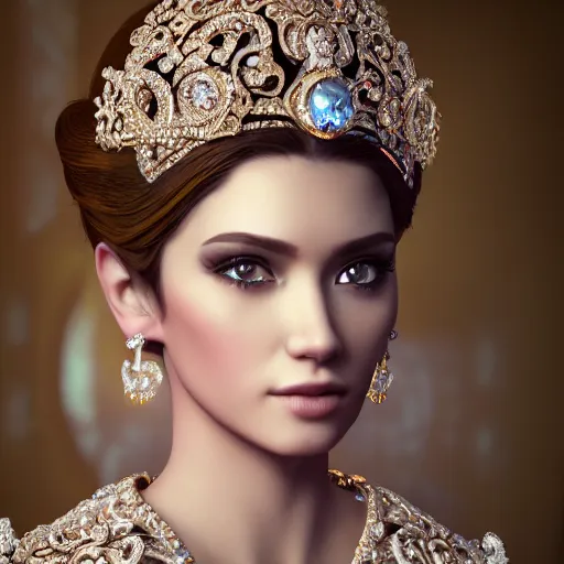 Image similar to portrait of pretty princess with perfect skin, glowing, ornate and intricate diamond jewelry, jaw dropping beauty, ornate and intricate backdrop, white accent lighting, hyper detailed, 4 k octane render