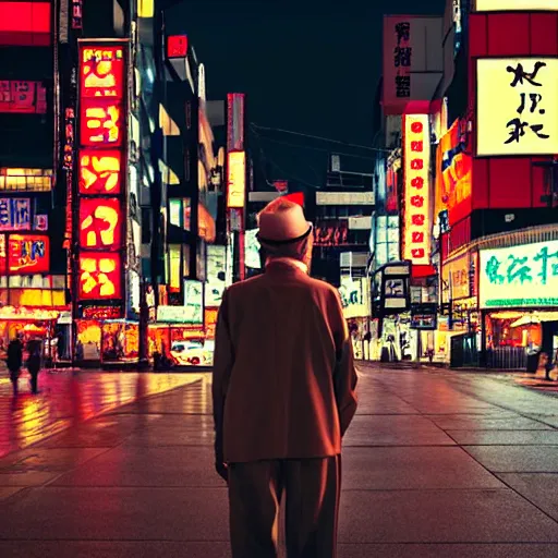 Image similar to old man at tokyo at night, neon rim light, 4k, photorealistic, hd