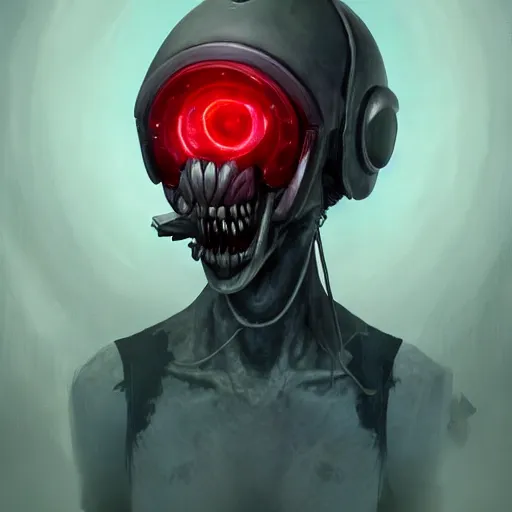 Prompt: a withered humanoid, wearing a round helmet, wearing red eye visor covering eyes, teeth visible, futuristic, industrial sci fi, artstation