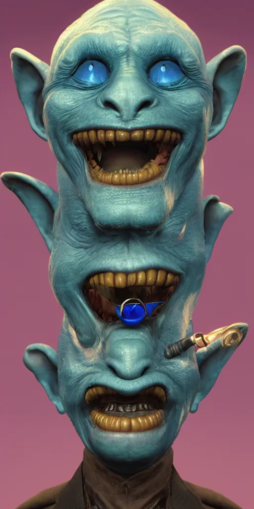 Image similar to a beautiful painted portrait of a happy blue goblin creature with a monocle by james gurney | centered | unreal engine :. 1