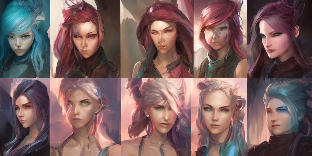 Prompt: concept art of young female netrunner d & d video game characters head designs, unique hair designs, by marc brunet and artgerm