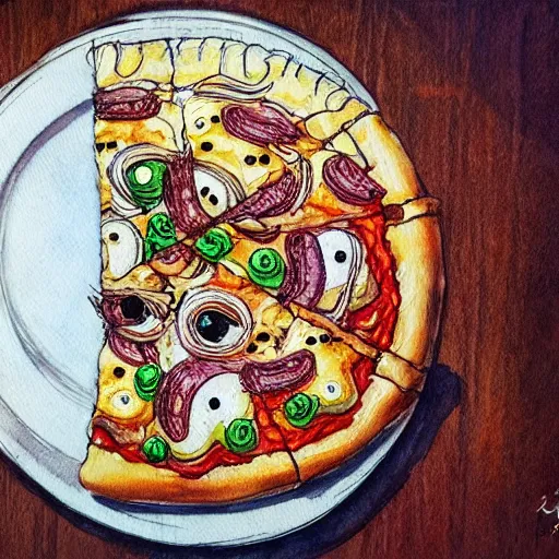 Image similar to a cute monster made of pizza, watercolor, pen and ink, intricate line drawings, by Yoshitaka Amano, Ruan Jia, Kentaro Miura, Artgerm, detailed, trending on artstation, hd, masterpiece,