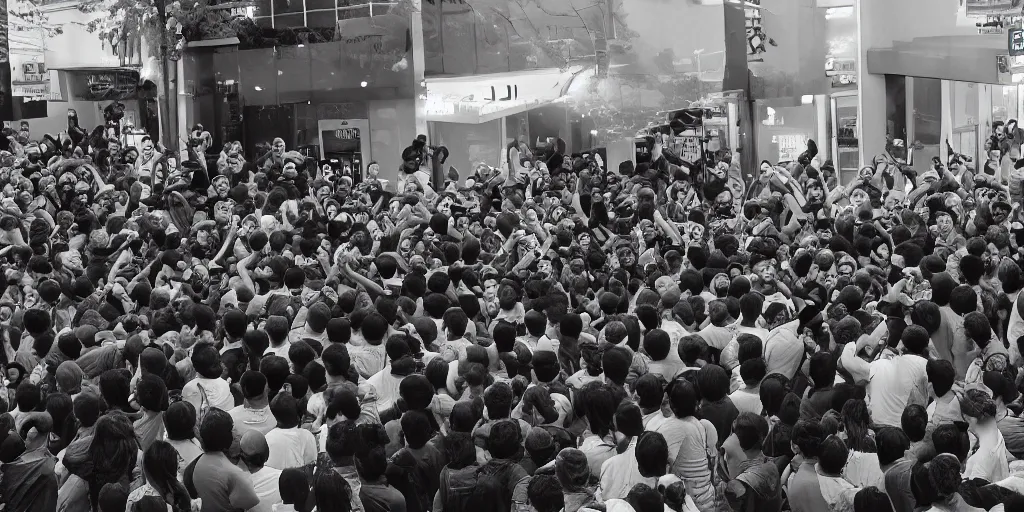 Image similar to crowd of crazy people attacking a crowd of cops in front of stores in lo angeles, photorealism, professional lighting, lighting from streetlights, photo with japanese chill style, conceptual art