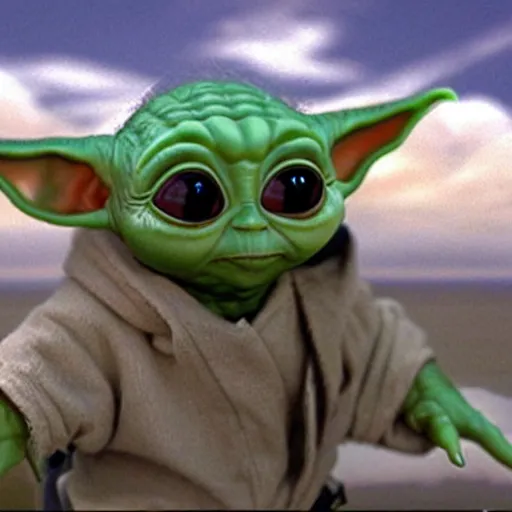 Image similar to baby yoda skydiving, realistic, highly detailed, cinematic