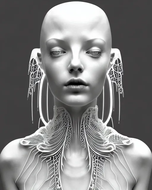 Image similar to dreamy soft luminous bw 3 d octane render, beautiful spiritual angelic biomechanical albino girl cyborg with a porcelain profile face, very long neck, rim light, big leaves and stems, roots, fine foliage lace, alexander mcqueen, art nouveau fashion embroidered collar, steampunk, silver filigree details, hexagonal mesh wire, mandelbrot fractal, elegant