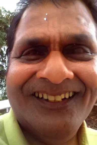 Prompt: my Indian dad accidentally taking a selfie with the front camera, squinting because the camera flash is so bright in his face