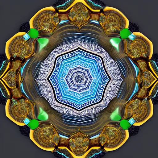 Prompt: three dimensional multilayered pattern vortex inside a hexagonal shape from the twisting nether, swirling, intricate detail, complex, jade, gold, silver, obsidian, ornate,