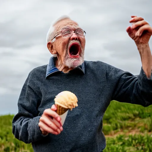 Image similar to portrait of an elderly man screaming at an icecream, canon eos r 3, f / 1. 4, iso 2 0 0, 1 / 1 6 0 s, 8 k, raw, unedited, symmetrical balance, wide angle