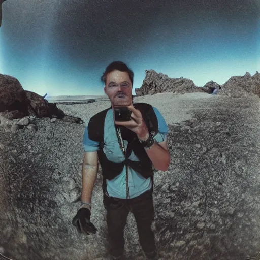Image similar to selfie of a human at the end of the world, hyper realistic, extremely detailed, polaroid camera