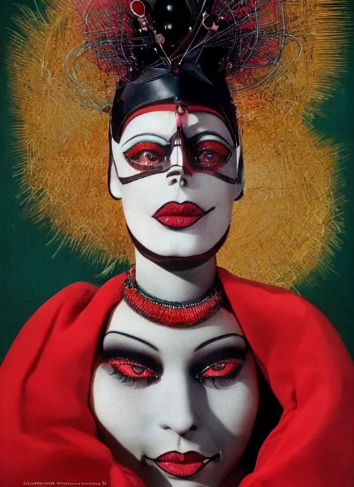 Image similar to an 8 0 s portrait of a woman with dark eye - shadow and red lips with dark slicked back hair, a mask made of wire and beads, dreaming acid - fueled hallucinations by serge lutens, rolf armstrong, delphin enjolras, peter elson, red cloth background