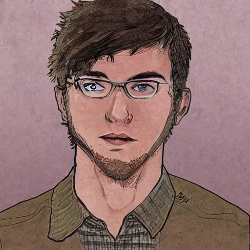 Image similar to a head - on highly detailed matte comic - style colorful portrait of a 2 0 - something engineering student, brown messy hair, by laurie greasly