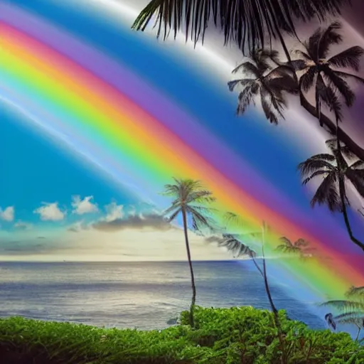 Image similar to miracle musical Hawaii part ii album cover, showing an ocean in the background, spiral transparent stairs on the left with tall palm trees behind it, a slight rainbow in the background, white outline border, moon in the right top area black and white except for the rainbow album cover