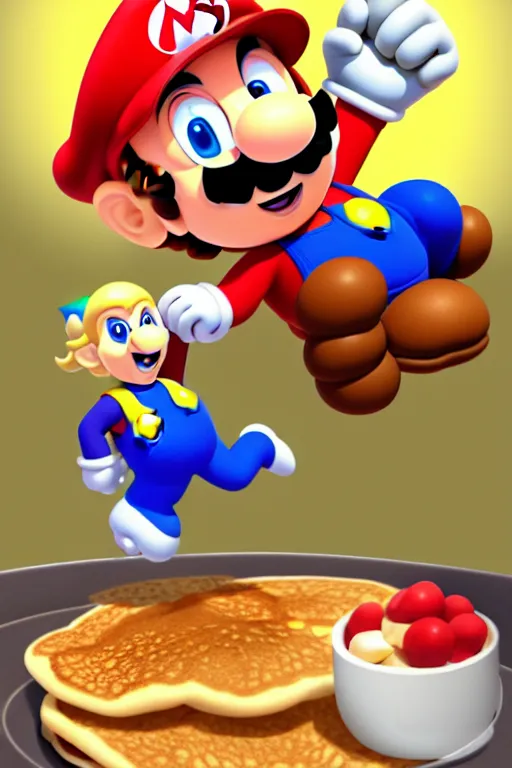 Prompt: super mario making pancakes, animation pixar style, by pendleton ward, magali villeneuve, artgerm, rob rey and kentaro miura style, golden ratio, trending on art station