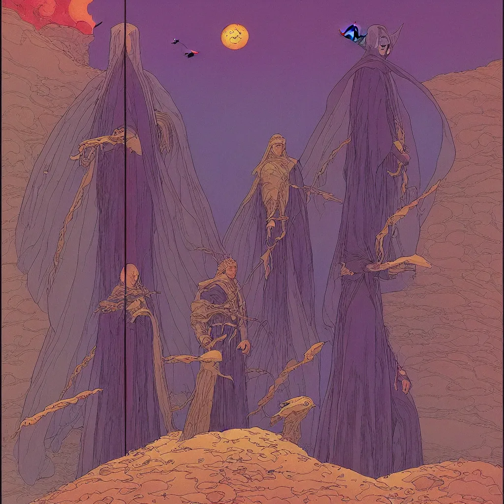 Prompt: centered illustration by jean giraud and moebius of a man wearing a cloak in the abyss, ambient with birds, desert, sci fi, intrincate, detailed, awesome enviromet, fantasy