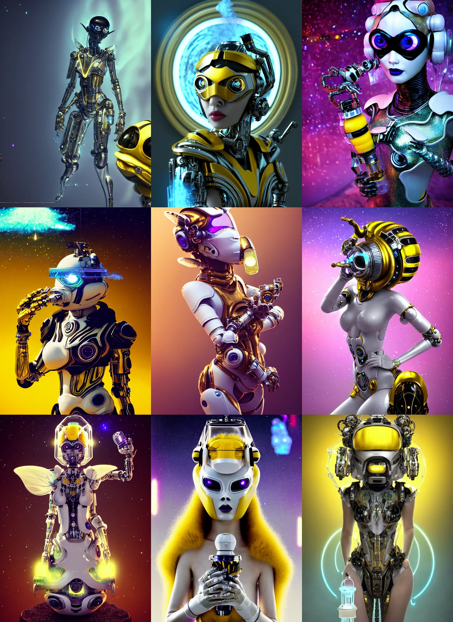 Prompt: white galactic metgala bumblebee edm cyborg, smoking a labyrinth bong | exotic jewelry | glamorous oily soft polished rich enticing ornate modern | weta disney pixar movie still photo | hi - fructose, sci fi fantasy, golden ratio details, smooth, octane render, sharp focus, artstation, concept art | beeple, feng zhu, mucha, rutkowski |