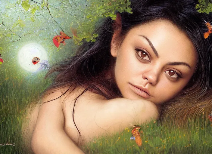 Image similar to Mila Kunis staring into the camera singing a lullaby, fireflies, full moon, Lilia Alvarado, Sophie Anderson, Mark Arian, Bob Byerley, Charlie Bowater, Mark Brooks, Steve Henderson, Justin Gerard, Arthur Hughes, Edward Robert Hughes, Mark Keathley, Victor Nizovtsev, Carlos Shwabe, Ross Tran, WLOP