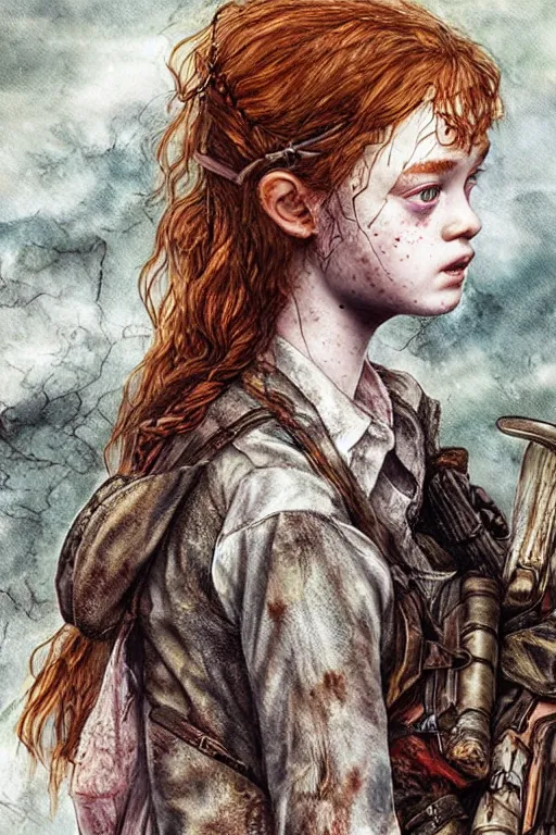 Prompt: sadie sink as ellie in the last of us, dirt, fashion, fantasy, art by ayami kojima, vasnetsov, cedric peyravernay