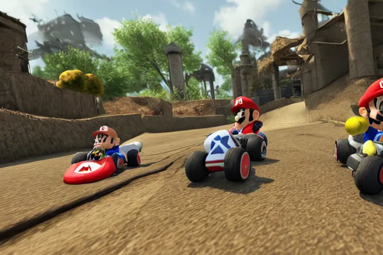 Image similar to mario kart in ww 2 trenches, ingame screenshot, highly detailed