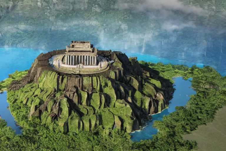 Prompt: digital concept art,aerial drone wide view of Garuda Wisnu Kencana monument in the middle of Lake Batur by Bernhard Edmaier,tectonics,islands,structural geology,photorealistic,hq,realistic,unreal engine,8k