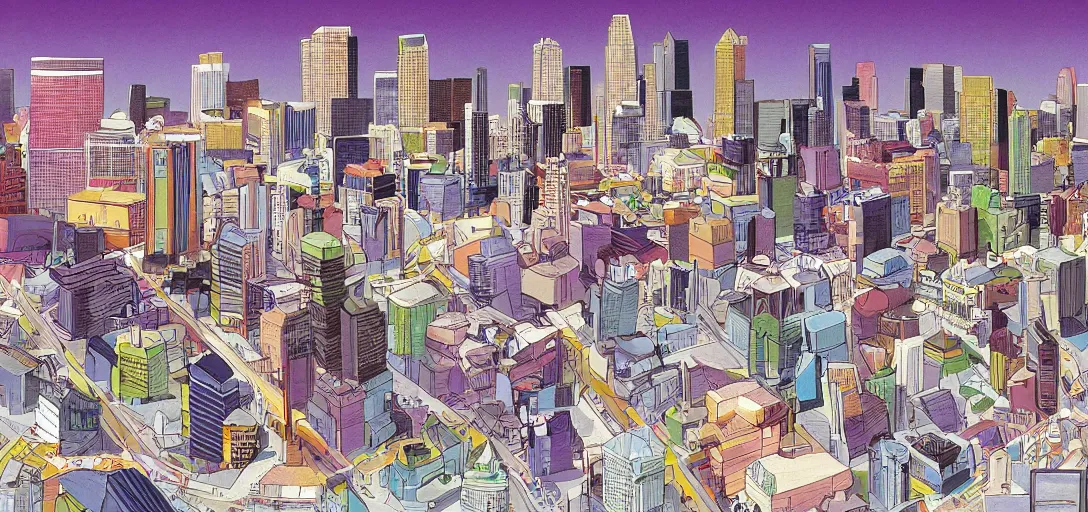 Image similar to concept illustration art for los angeles skyline by lou romano and dice tsutsumi